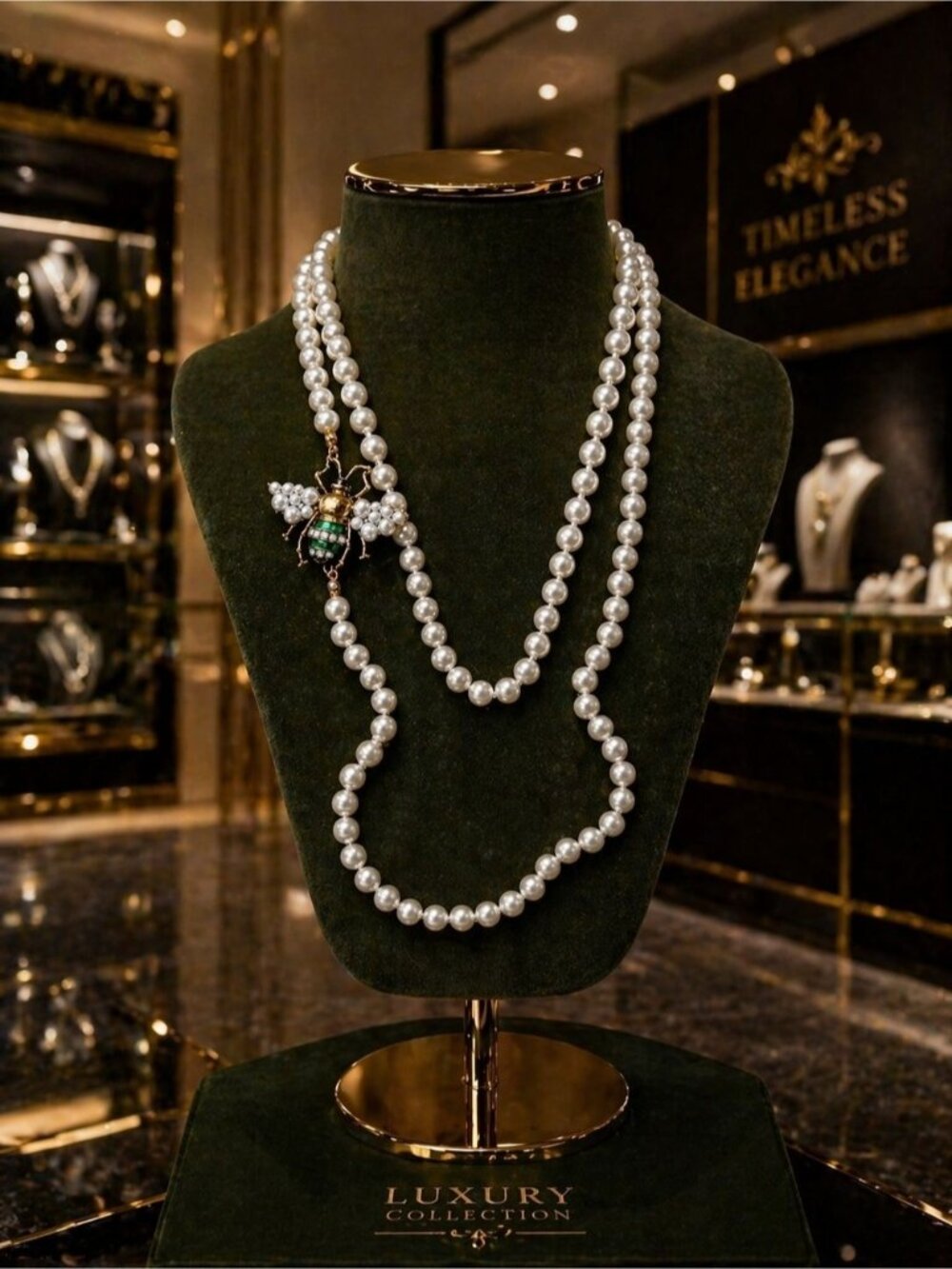 White Pearl Double-Strand Necklace with Bee Pendant
